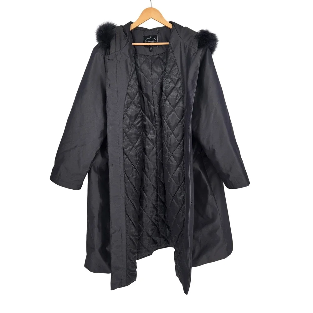 1‎ Madison Luxe Outerwear Womens 3X Fox Fur Trim Hooded Black Long Parka Coat